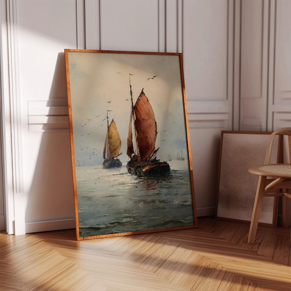 Vintage Sailboats At Sea Oil Painting Nautical Fishing Boats Poster