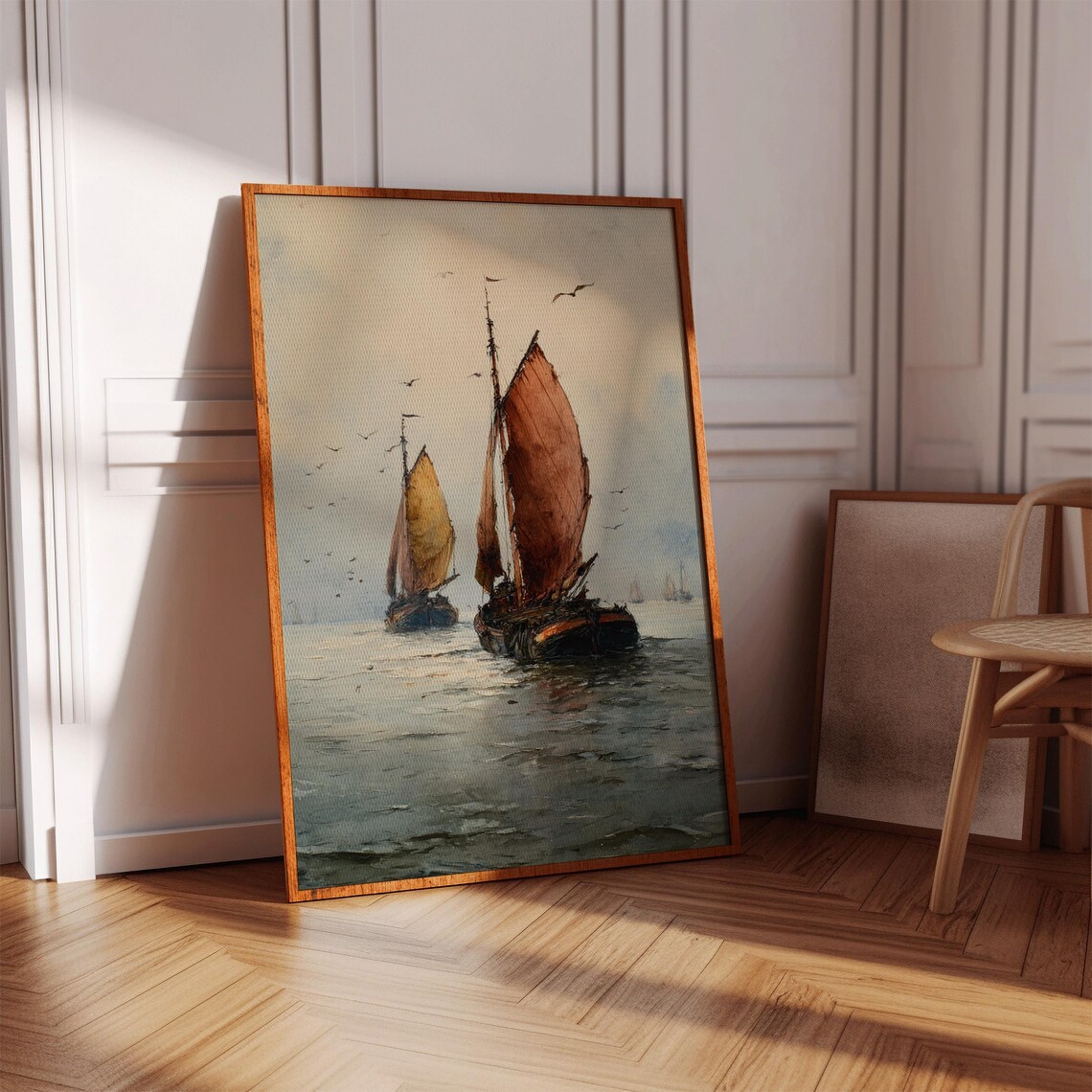 Vintage Sailboats At Sea Oil Painting Nautical Fishing Boats Poster