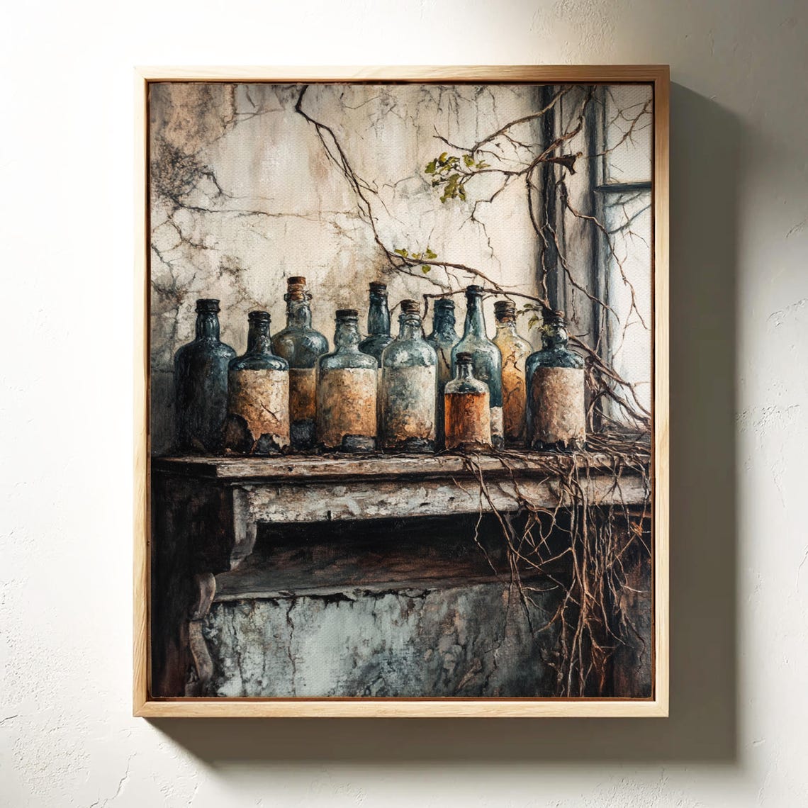 Row of Vintage Blue Glass Bottles on a Shelf with Vines Rustic Poster - Image 4