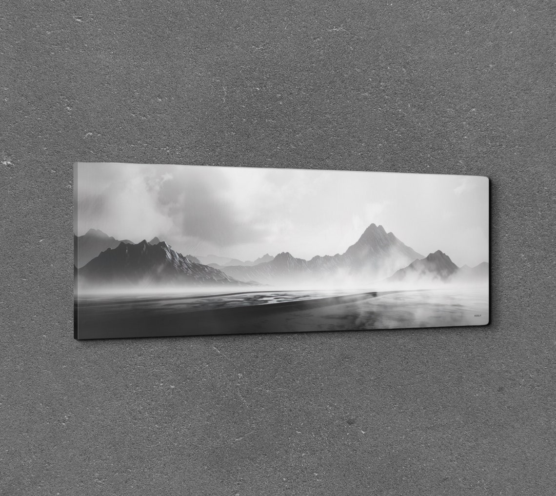 Black And White Moody Misty Mountains Over Still Water Poster - Image 7