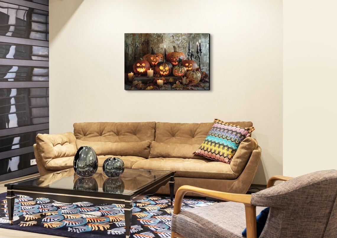 Glowing Jack O Lantern Pumpkins With Candles Among Autumn Leaves Poster - Image 5