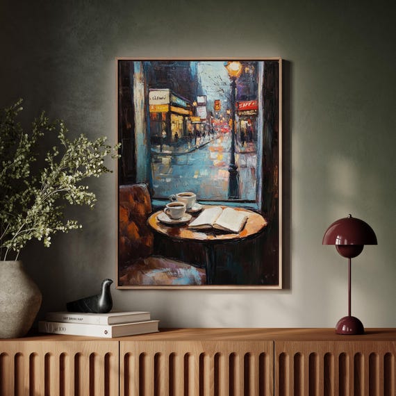 Rainy City Cafe Window Scene Travel Poster
