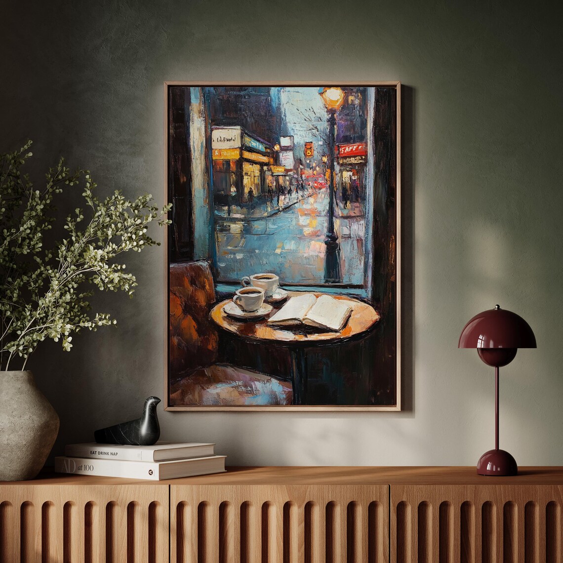 Rainy City Cafe Window Scene Travel Poster