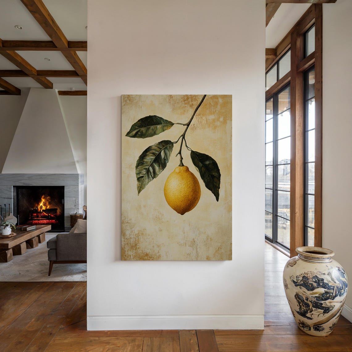 Single Lemon Antique Gold Canvas Vintage Fruit Still Life Poster - Image 3