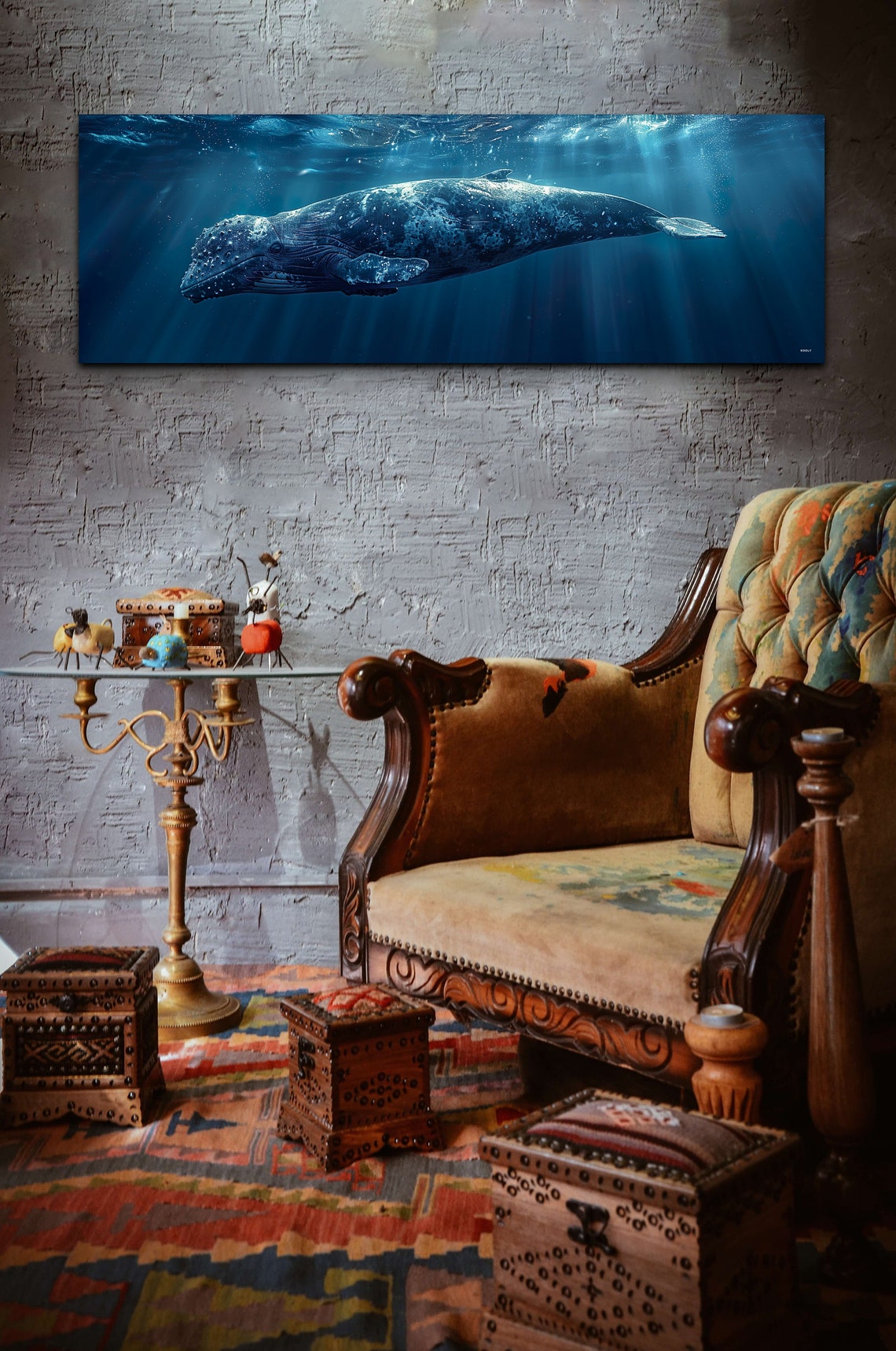 Humpback Whale Gliding Through Sunlit Deep Blue Ocean Panoramic Poster - Image 3