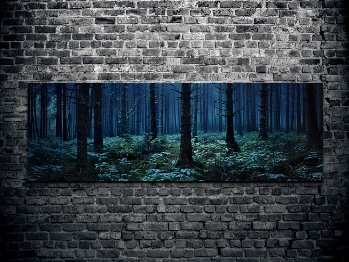 Misty Blue Pine Forest at Dusk Panoramic Nature Landscape Poster - Image 2