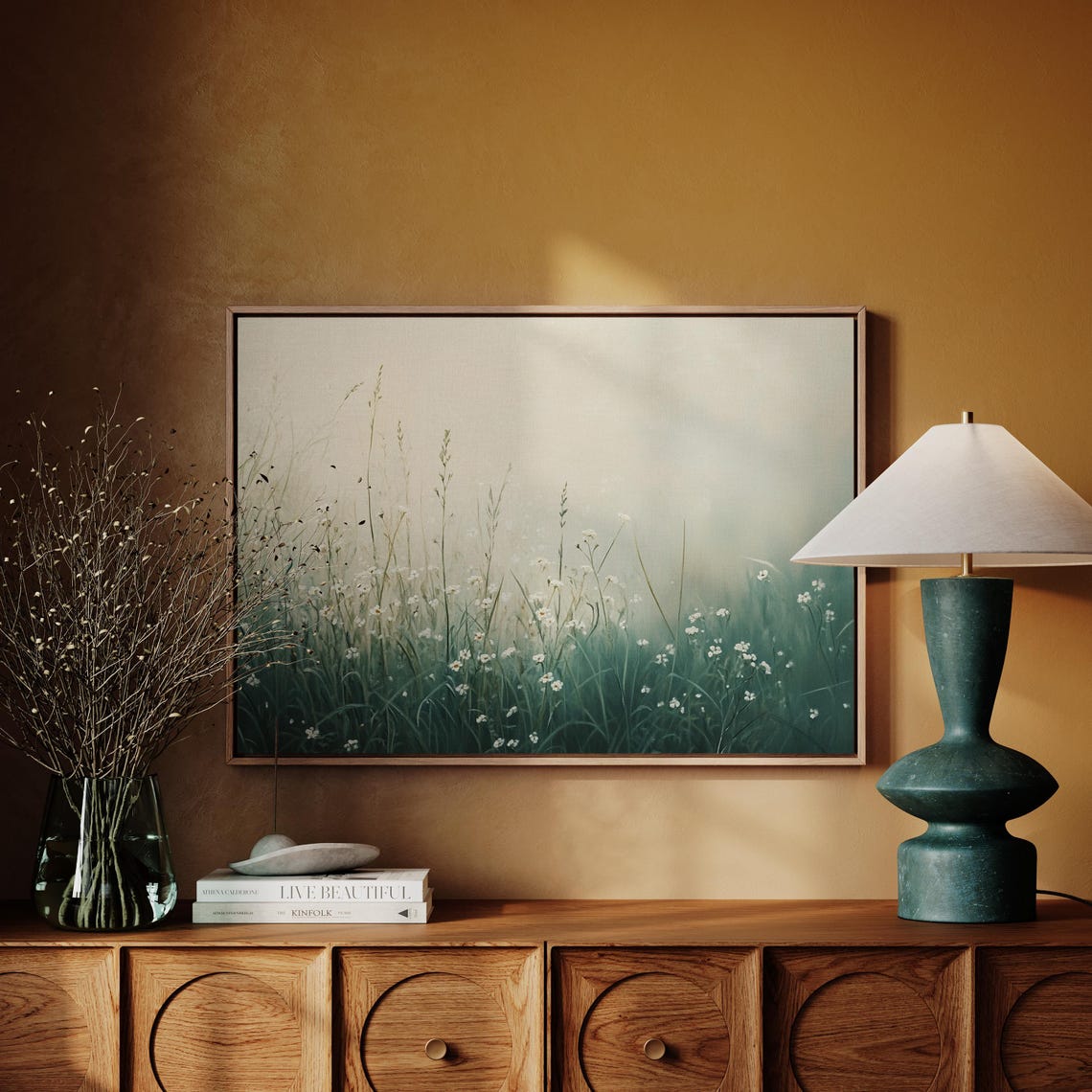Misty Wildflower Meadow Tall Grasses Ethereal Green Field Wall Art - Image 4