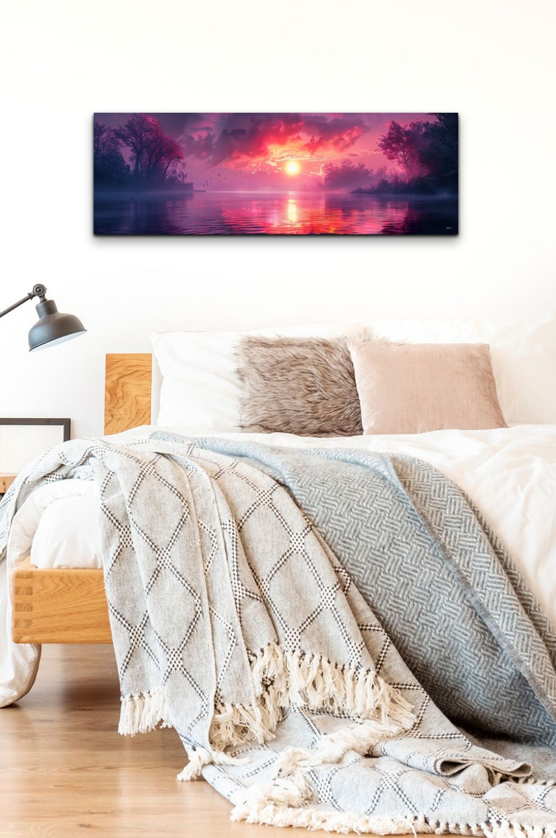 Magenta Sunset Over Lake with Trees Water Reflection Panorama Wall Art - Image 7