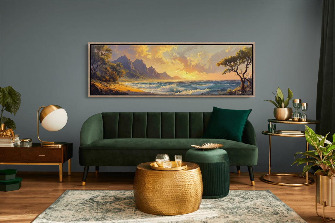 Golden Sunset Ocean Panorama With Mountains Waves Beach Nature Poster - Image 4