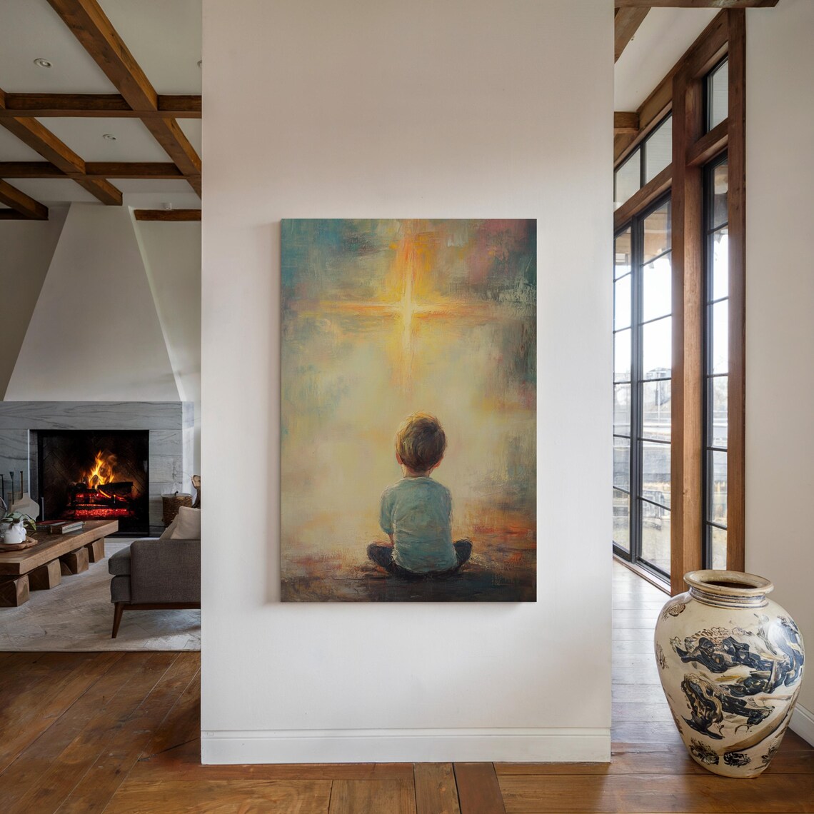Child Gazing at a Radiant Cross Shining in a Golden Sky Poster - Image 4