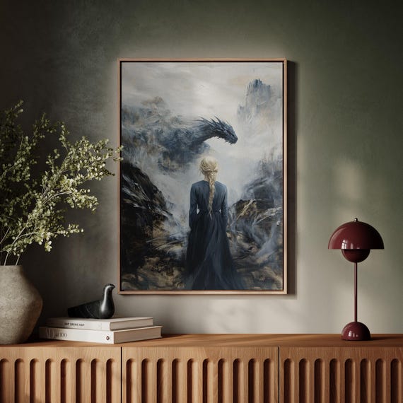 Woman Facing Dragon In Misty Mountains Wall Art Epic Fantasy Adventure Decor Mystical And Majestic Poster