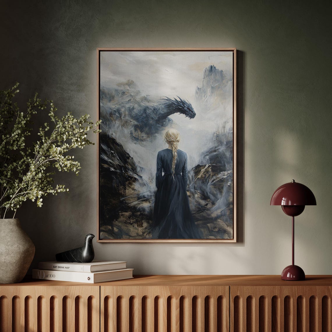 Woman Facing Dragon Misty Mountains Epic Fantasy Adventure Art Poster