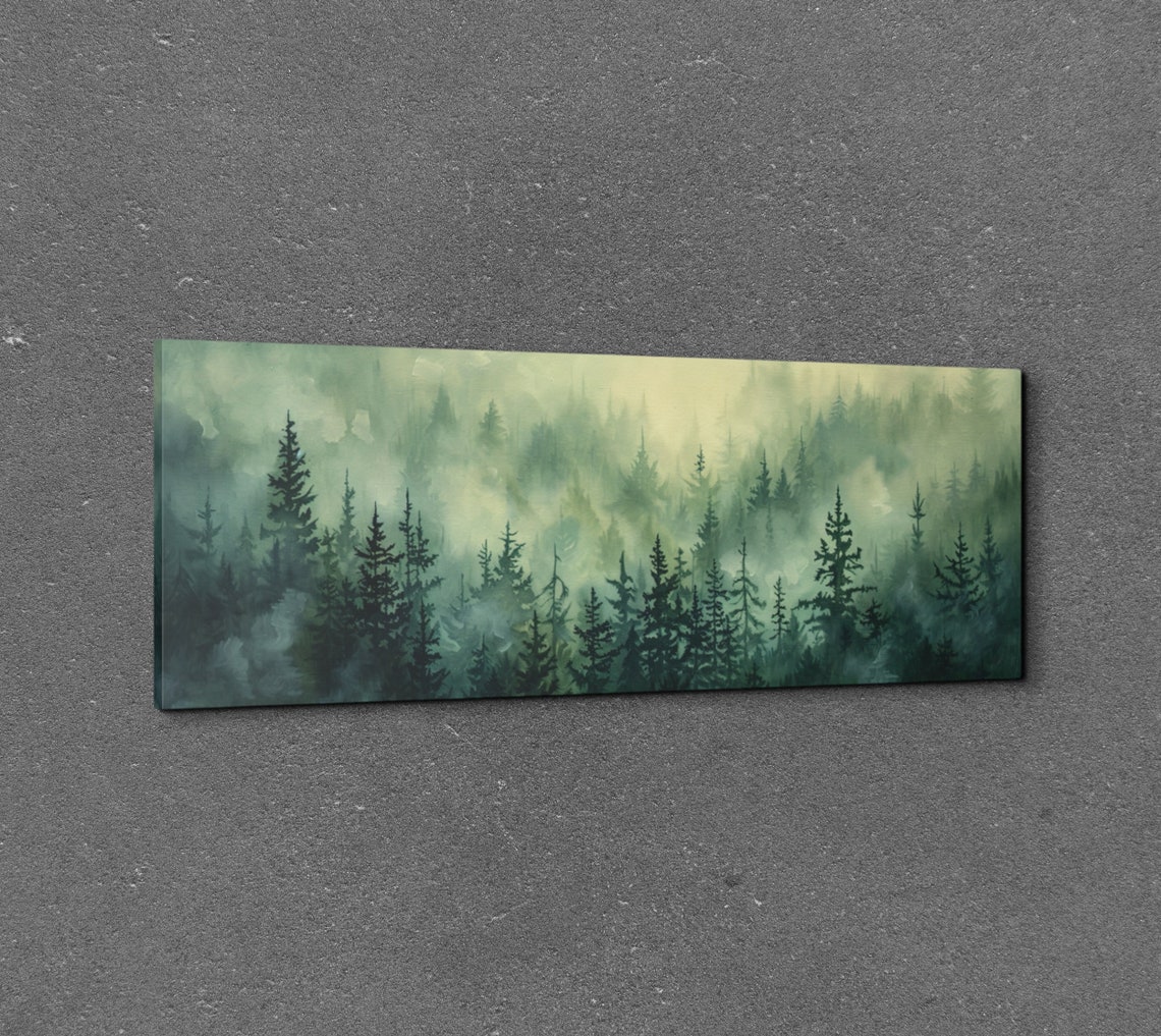 Misty Green Forest Layers in a Soft Watercolor Wash Panoramic Poster - Image 3