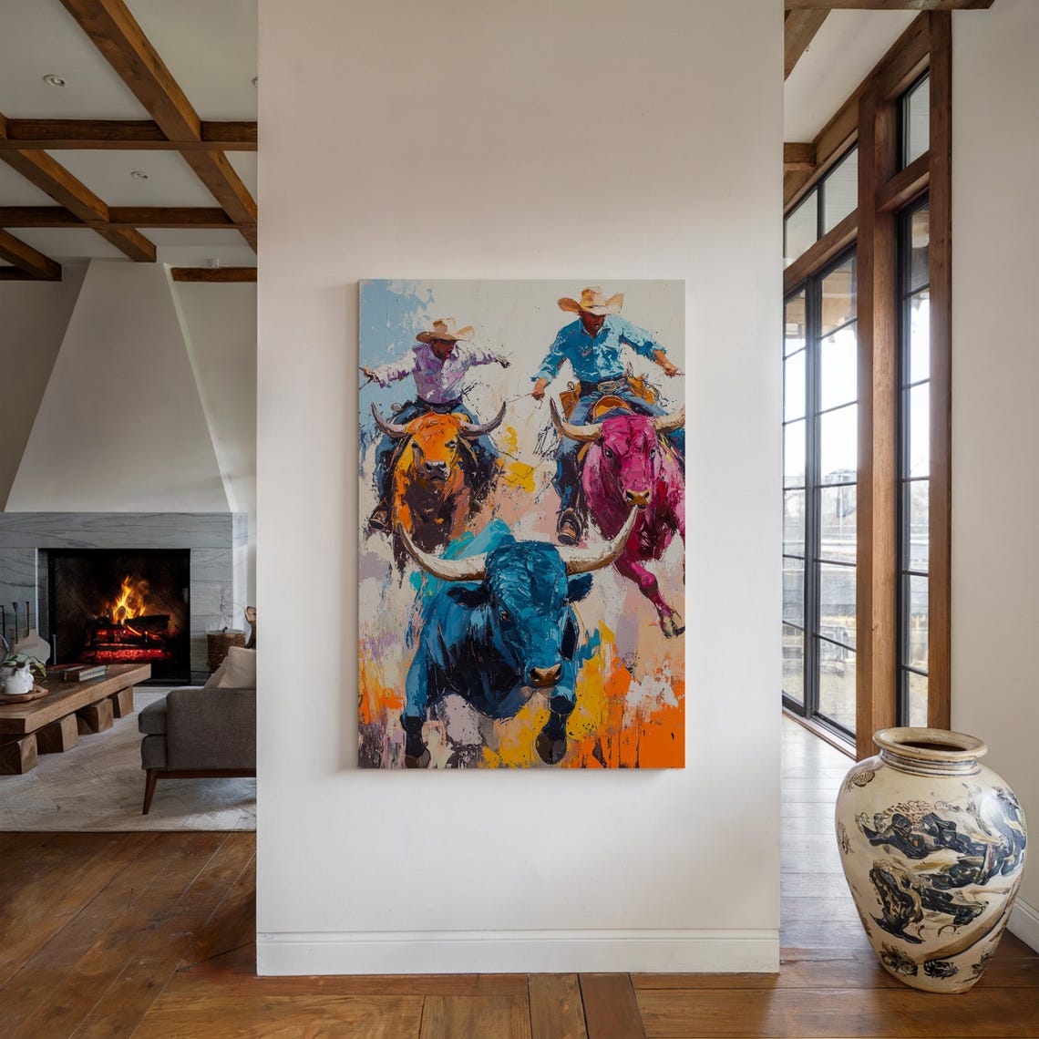 Colorful Rodeo Bull Riding Art Western Cowboy Wall Decor Bold Expressionist Painting Rustic Ranch Style Home Print - Image 2