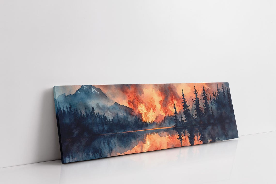 Mountain Forest Fire Reflection Dramatic Landscape Wall Art With Fiery Sunset Over Misty Trees And Mountain Peaks - Image 7
