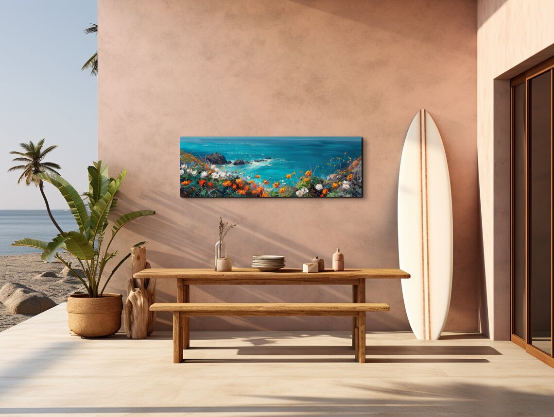 Coastal Poppy Flowers Over Turquoise Ocean Panoramic Art Poster - Image 6