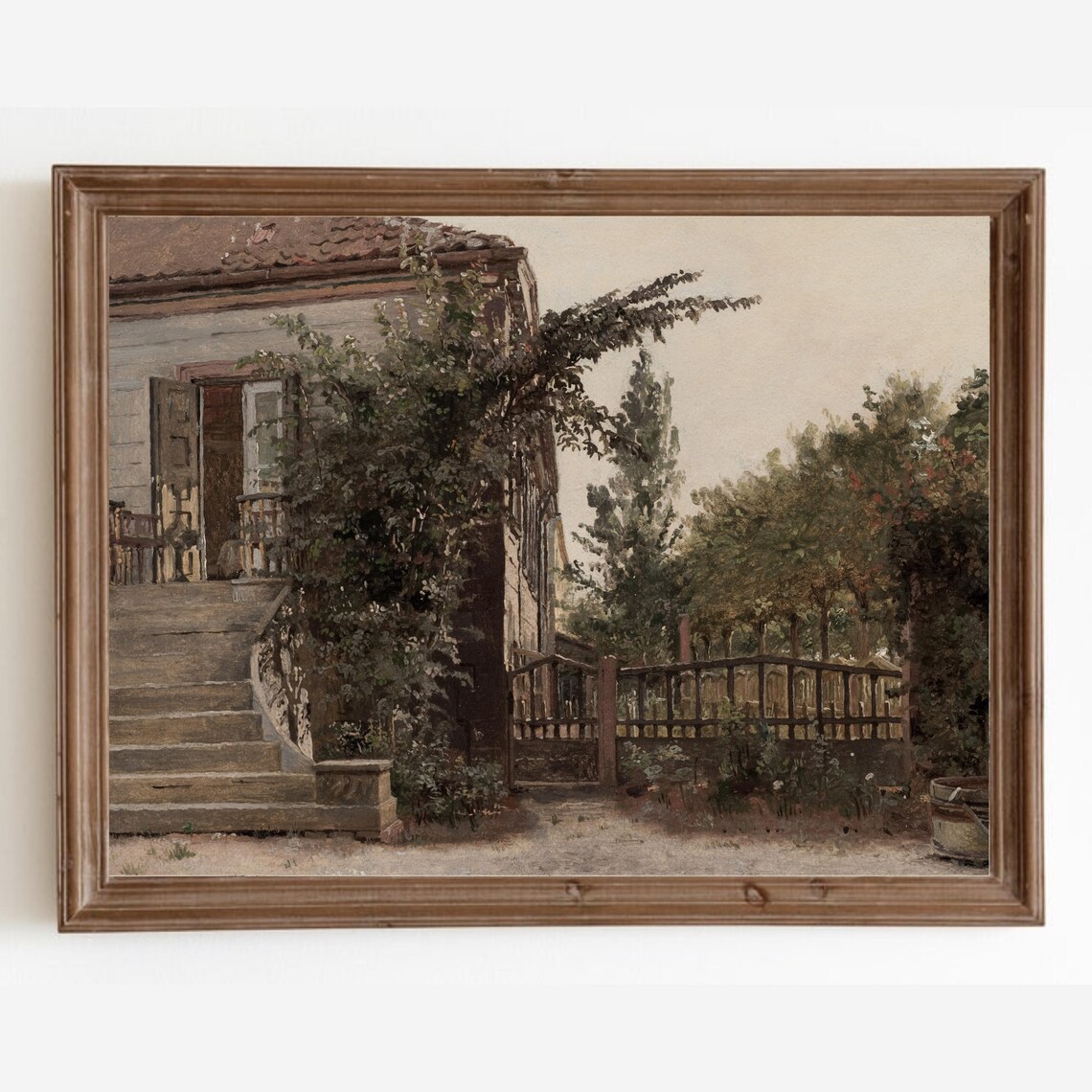 Vintage Farmhouse Landscape Art Print, Neutral Cottage