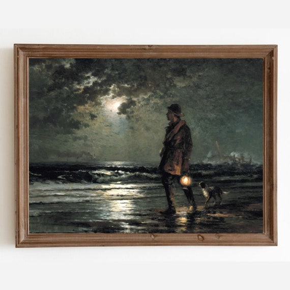 Vintage Moonlit Seascape, Coastal Oil Painting Art
