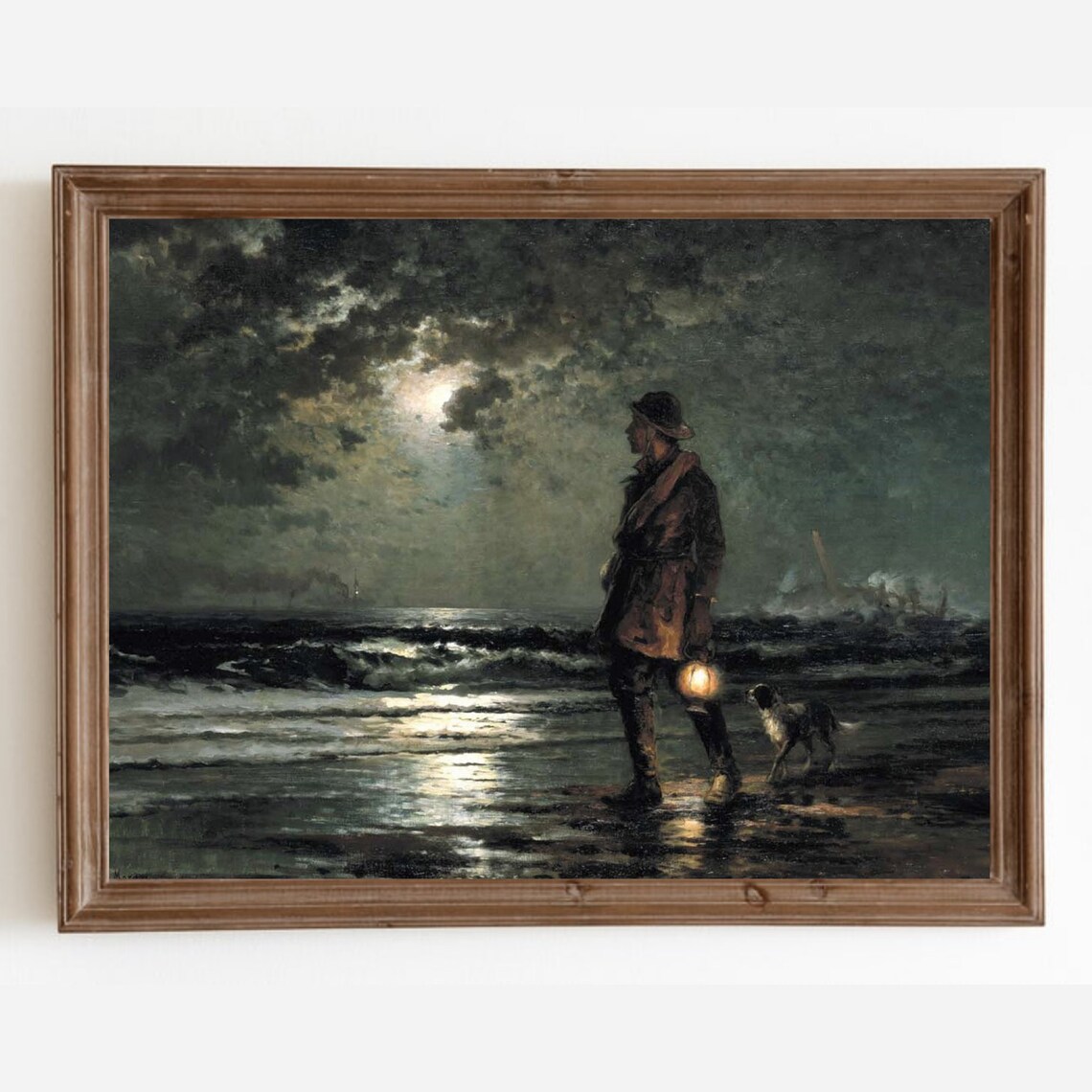 Vintage Moonlit Seascape, Coastal Oil Painting Art
