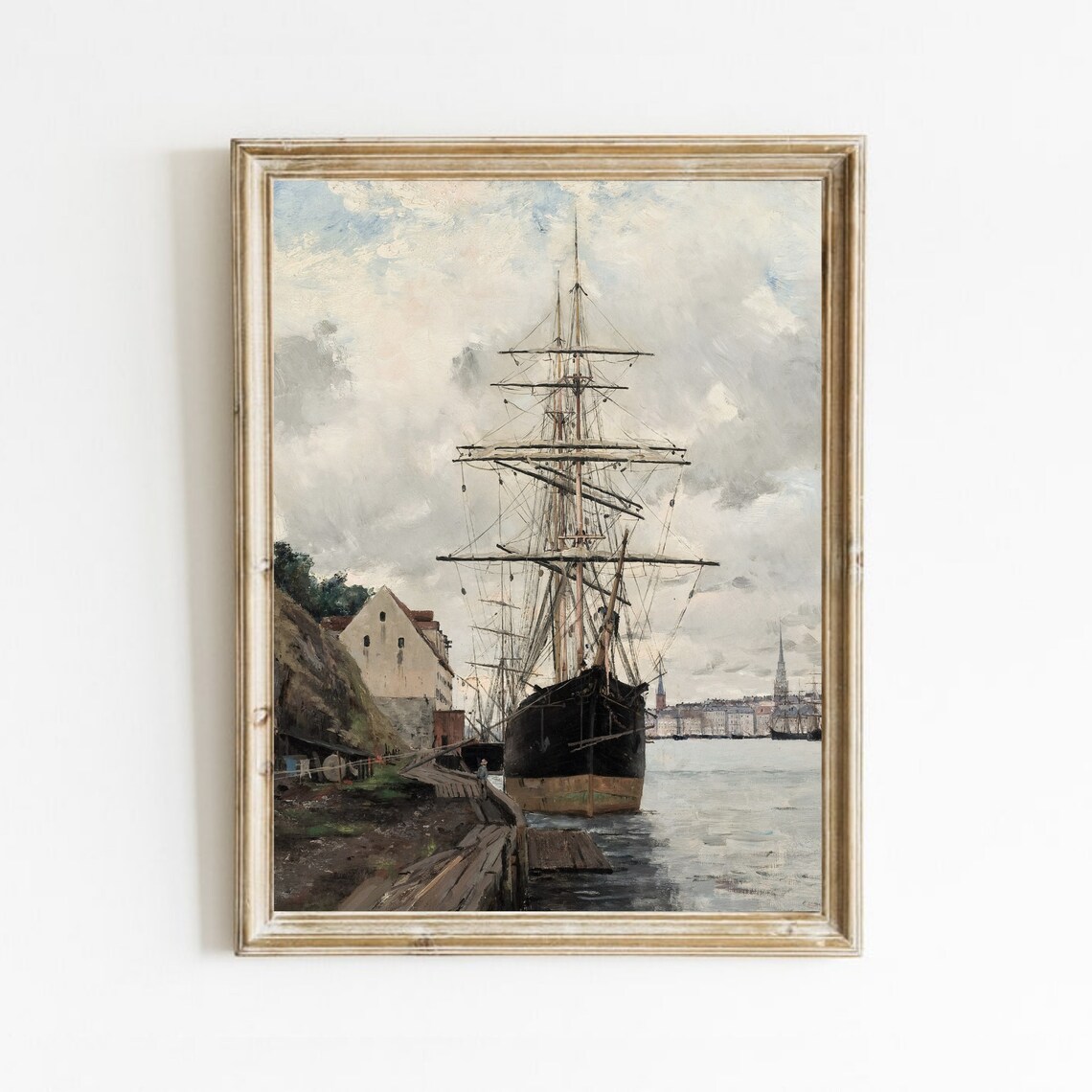 Vintage Ship Nautical Art Print, Harbor Seascape