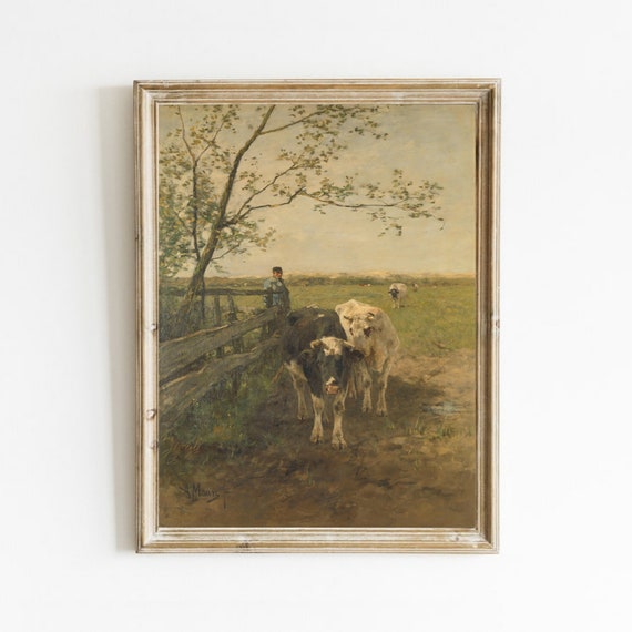 Country Landscape With Cows, Vintage Farmhouse Art Print