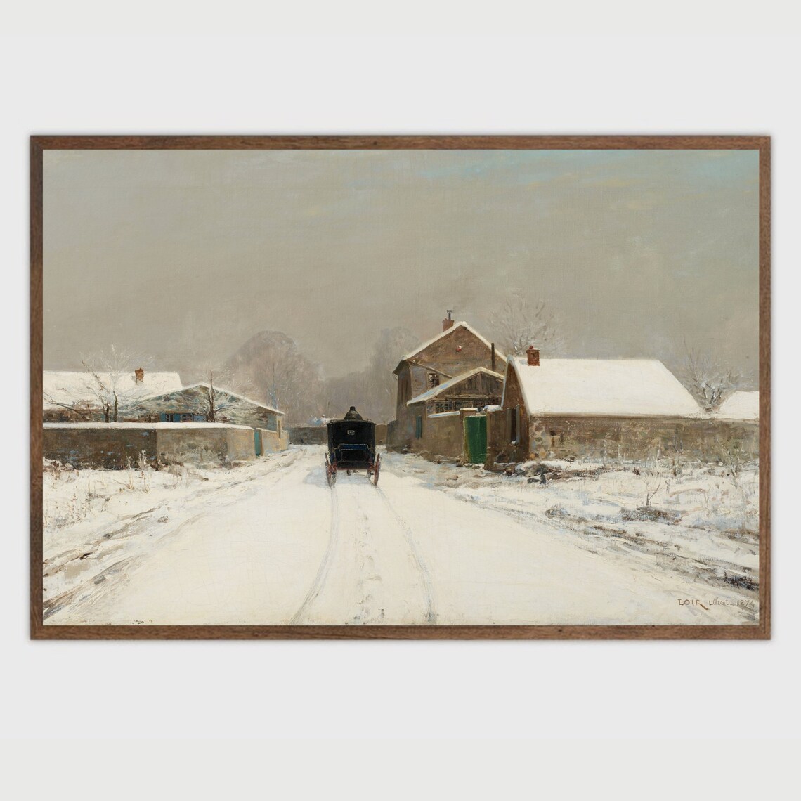 Snowy Village Street Horse Carriage Winter Antique Oil Painting Poster - Image 2