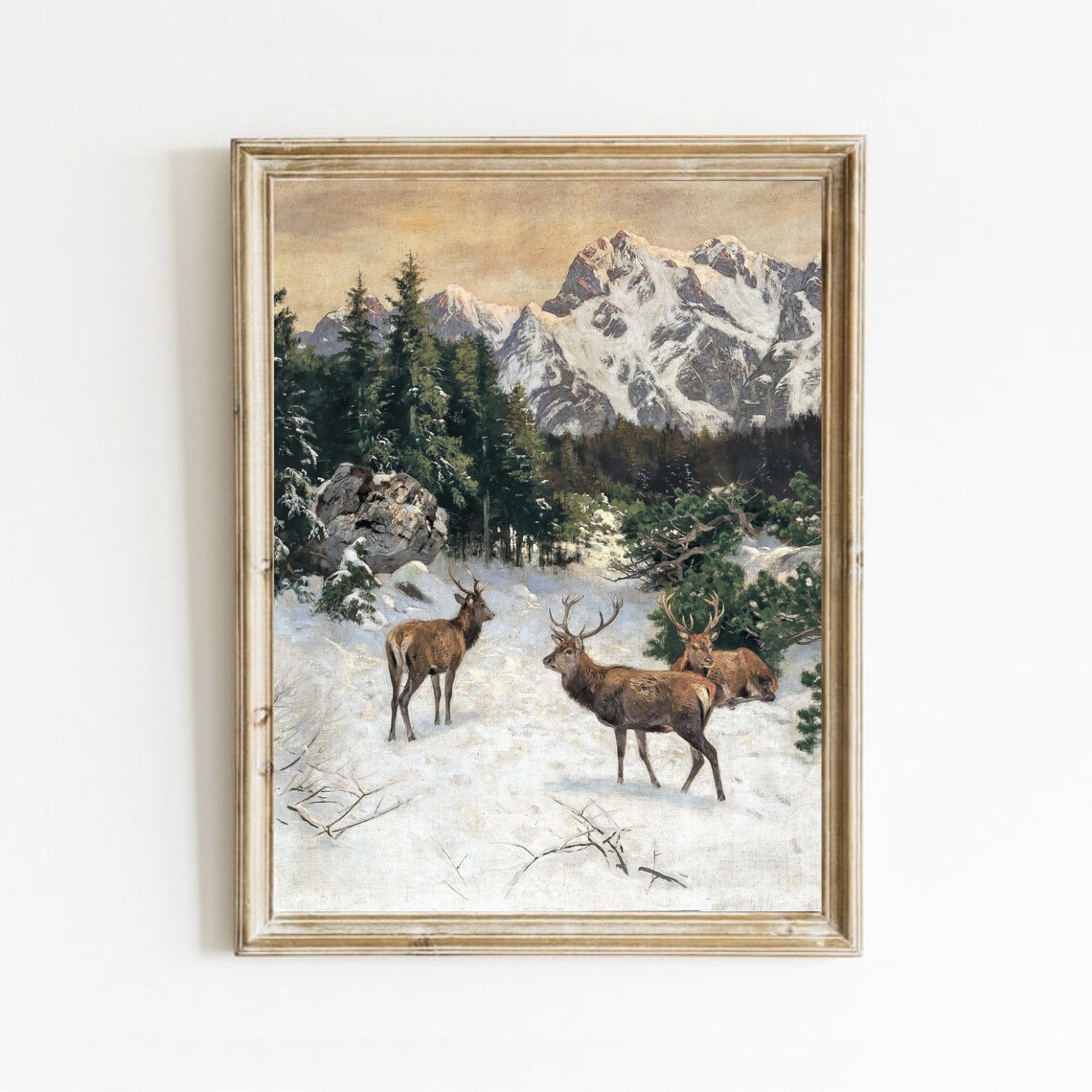 Winter Mountain Deer Landscape, Rustic Vintage Art Print