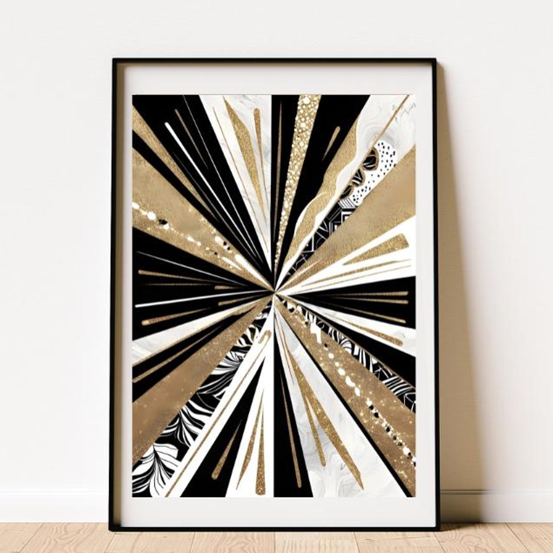 Black Gold White Abstract Sunburst Radiant Modern Deco Poster