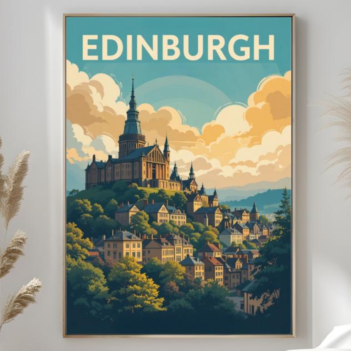 Edinburgh Scotland Hilltop Castle Vintage Skyline Art Poster