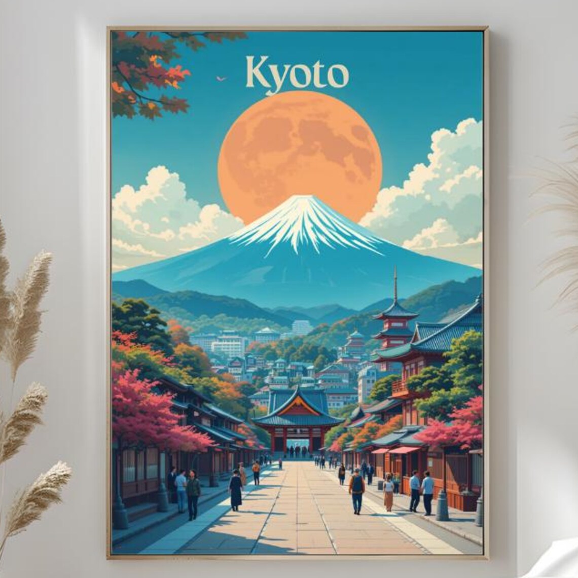 Kyoto Japan Temple Pagoda Street Mount Fuji Sunset Art Poster