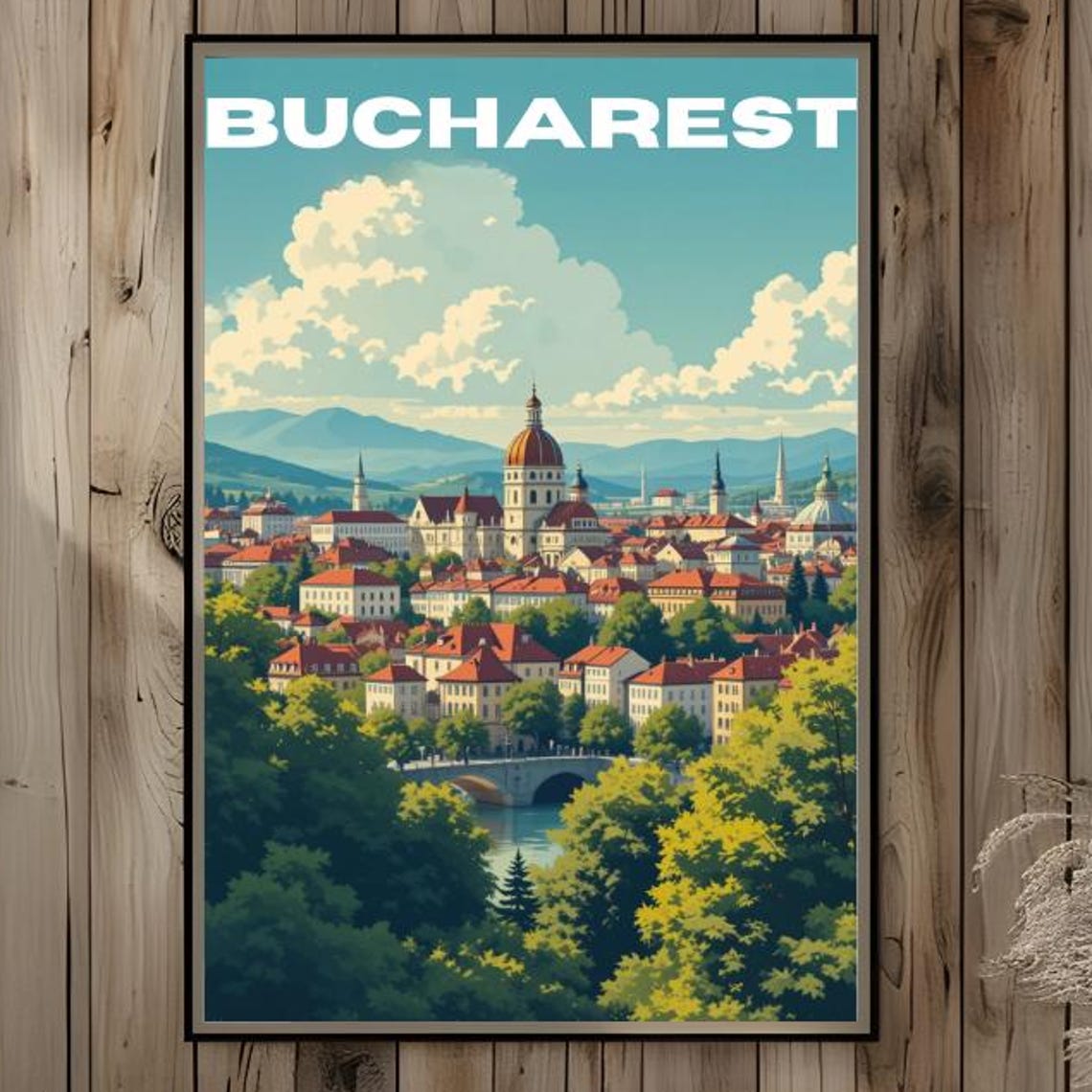 Bucharest Romania Old Town Church Domes River Bridge Green Poster