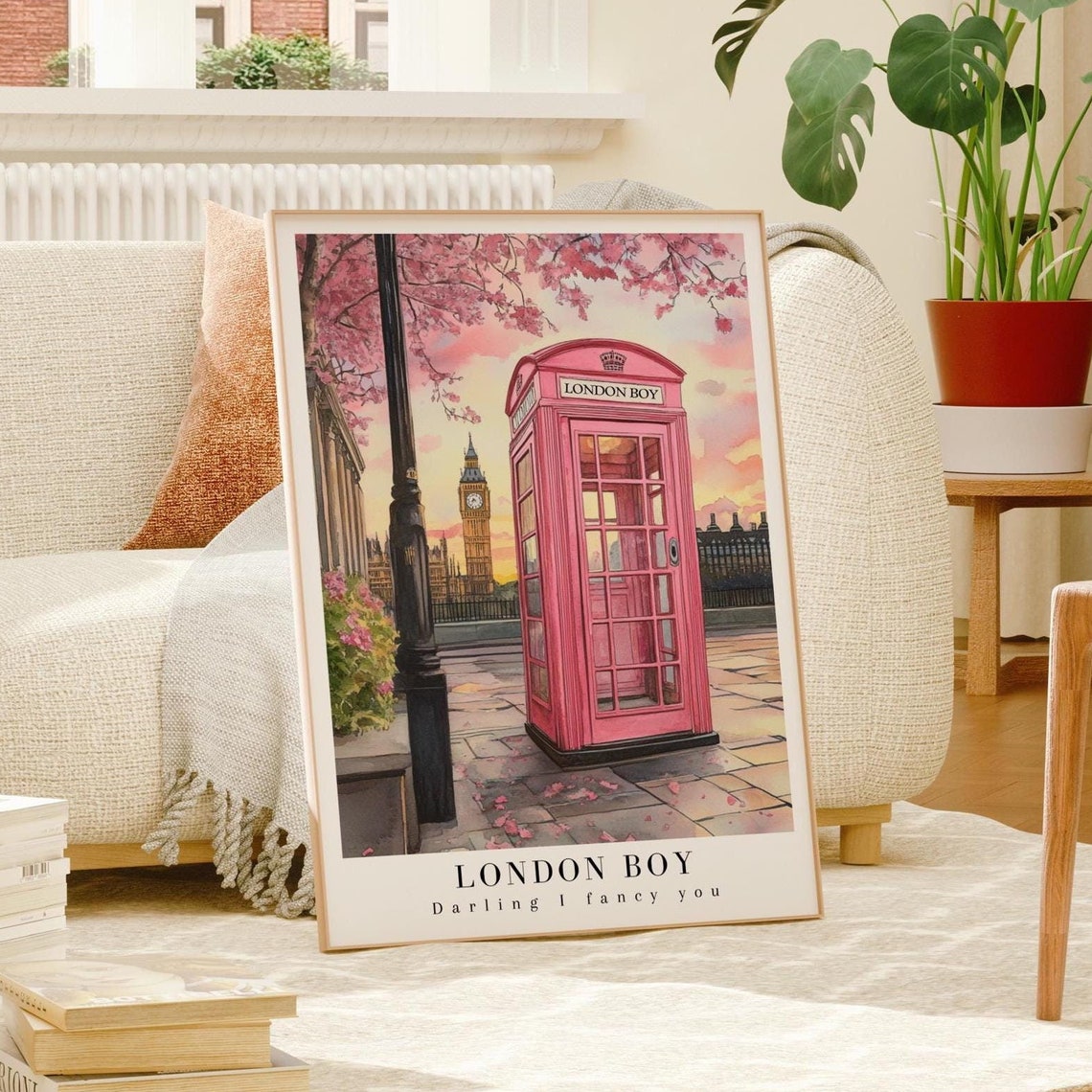 London Boy Lover Poster Watercolor Illustration Art Pink Telephone Booth London Aesthetic Girly Wall Art Pink Room Dcor I Fancy You