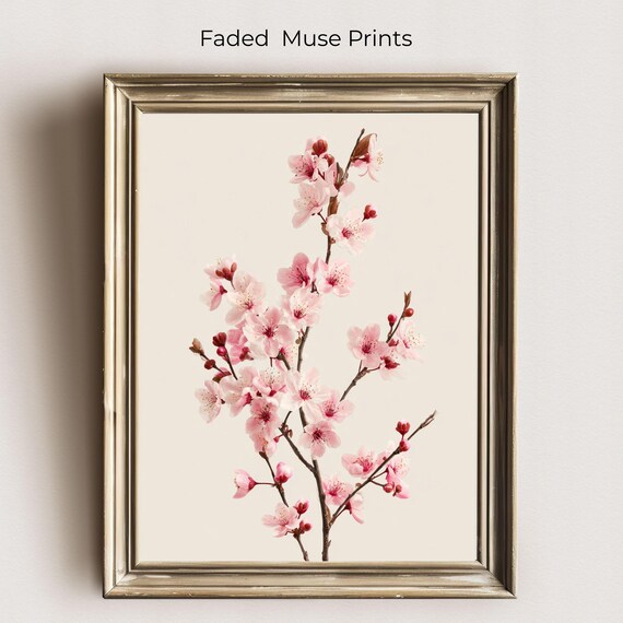 Cherry Blossom Branch Soft Pink Floral Minimalist Botanical Wall Art