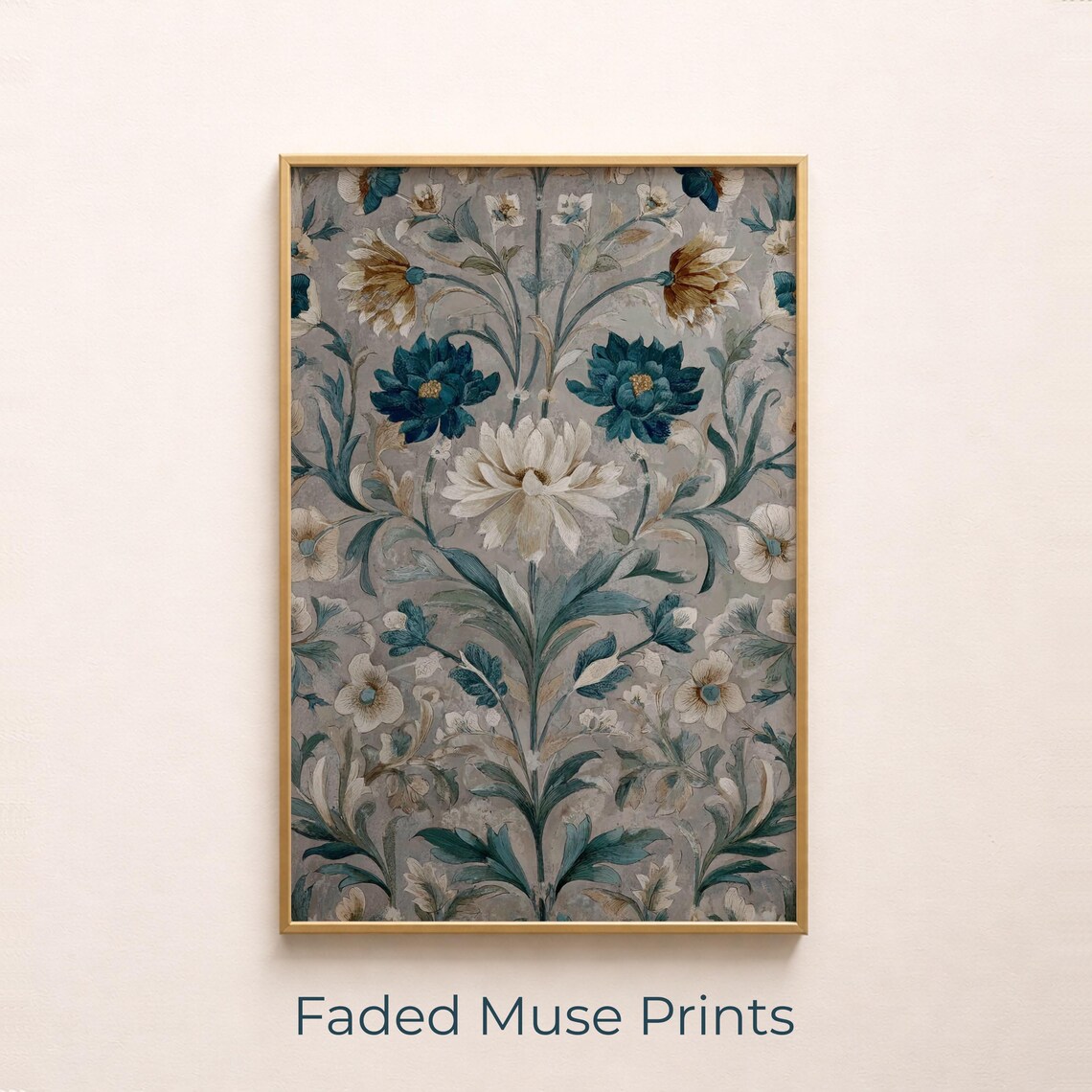 Vintage Floral Wallpaper Art Teal Gold Handpainted Botanical Pattern Poster