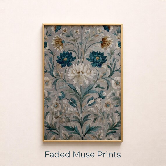 Vintage Floral Wallpaper Art Teal Gold Handpainted Botanical Pattern Poster