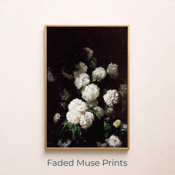 Moody White Flowers On Black Vintage Floral Classic Still Life Poster