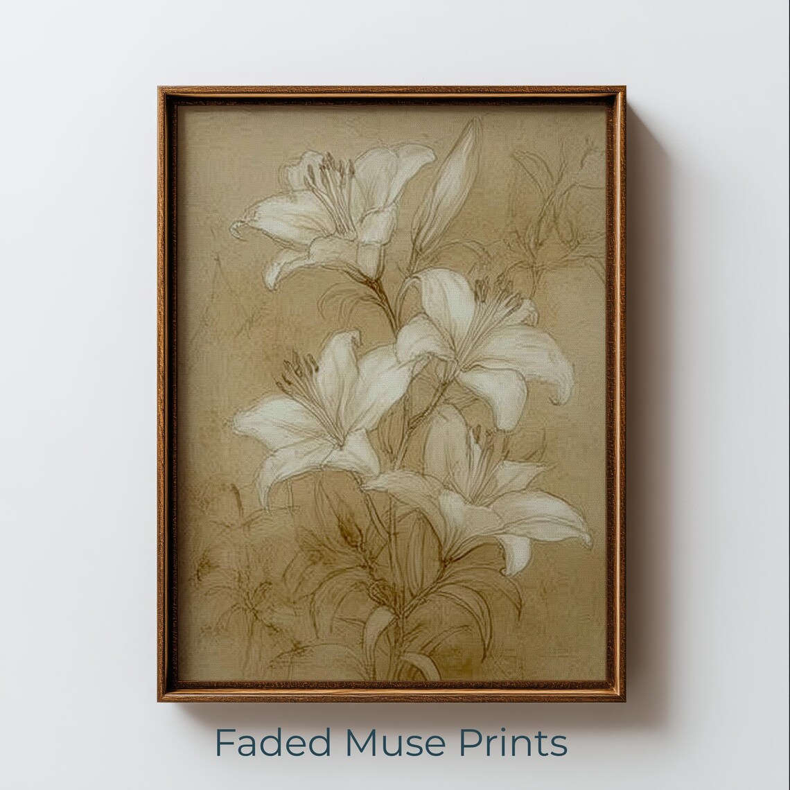 Elegant White Lily Botanical Drawing Vintage Sketch Sepia Cottagecore Poster