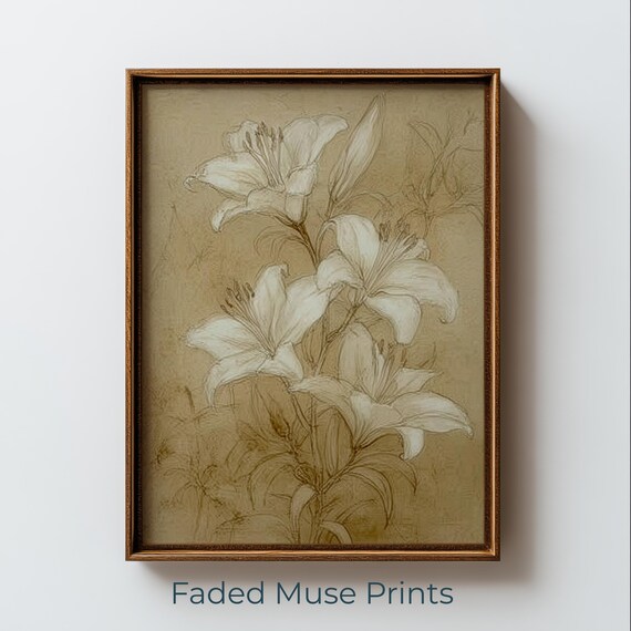 Elegant White Lily Botanical Drawing Vintage Sketch Sepia Cottagecore Poster