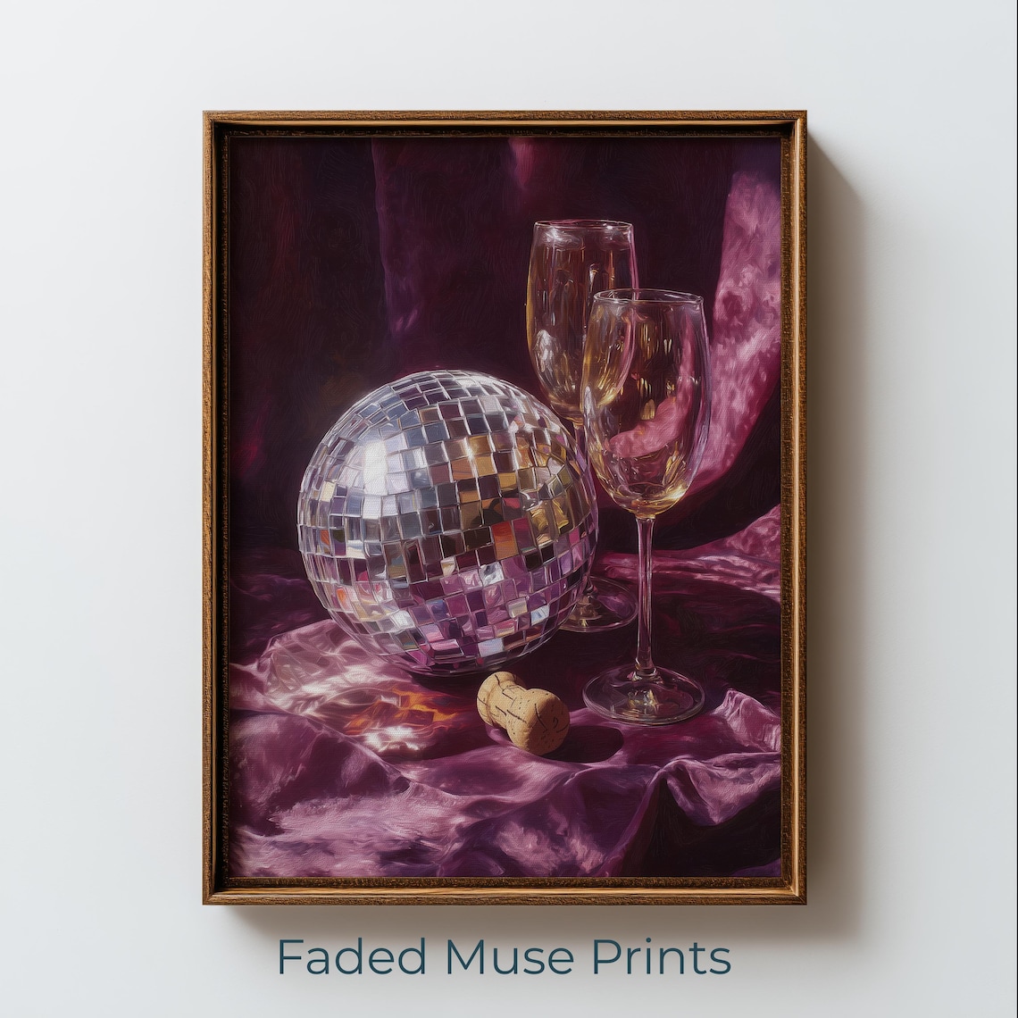Sparkling Disco Ball Champagne Glasses Purple Silk Party Poster