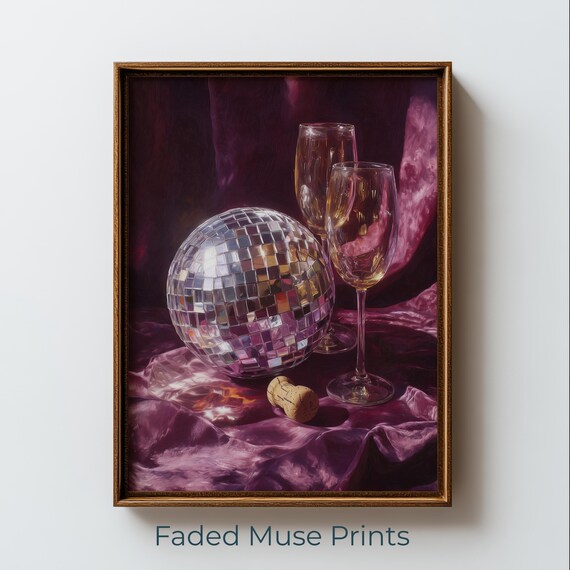 Sparkling Disco Ball Champagne Glasses Purple Silk Party Poster