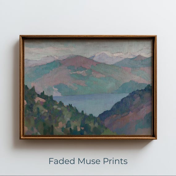 Moody Mountain Lake Landscape Painting Vintage Serene Wall Art Digital Download