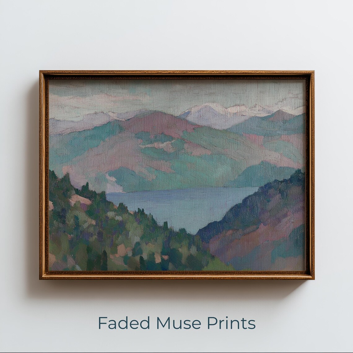 Moody Mountain Lake Serene Muted Impressionist Landscape Painting Poster