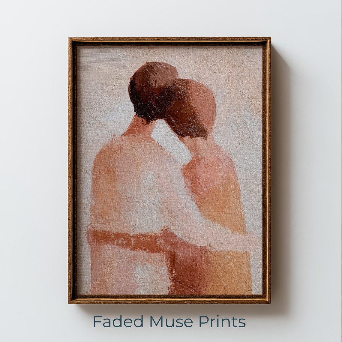 Romantic Embrace Couple Hugging Warm Terracotta Minimal Oil Painting Poster