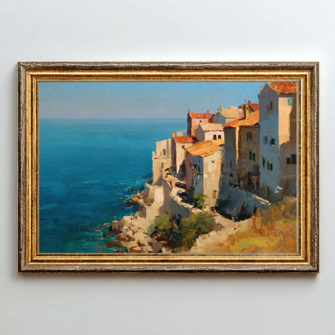 Coastal Mediterranean Village on a Cliffside Vintage Oil Painting Print