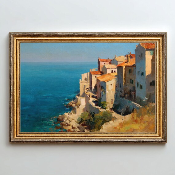Coastal Mediterranean Village on a Cliffside Vintage Oil Painting Print