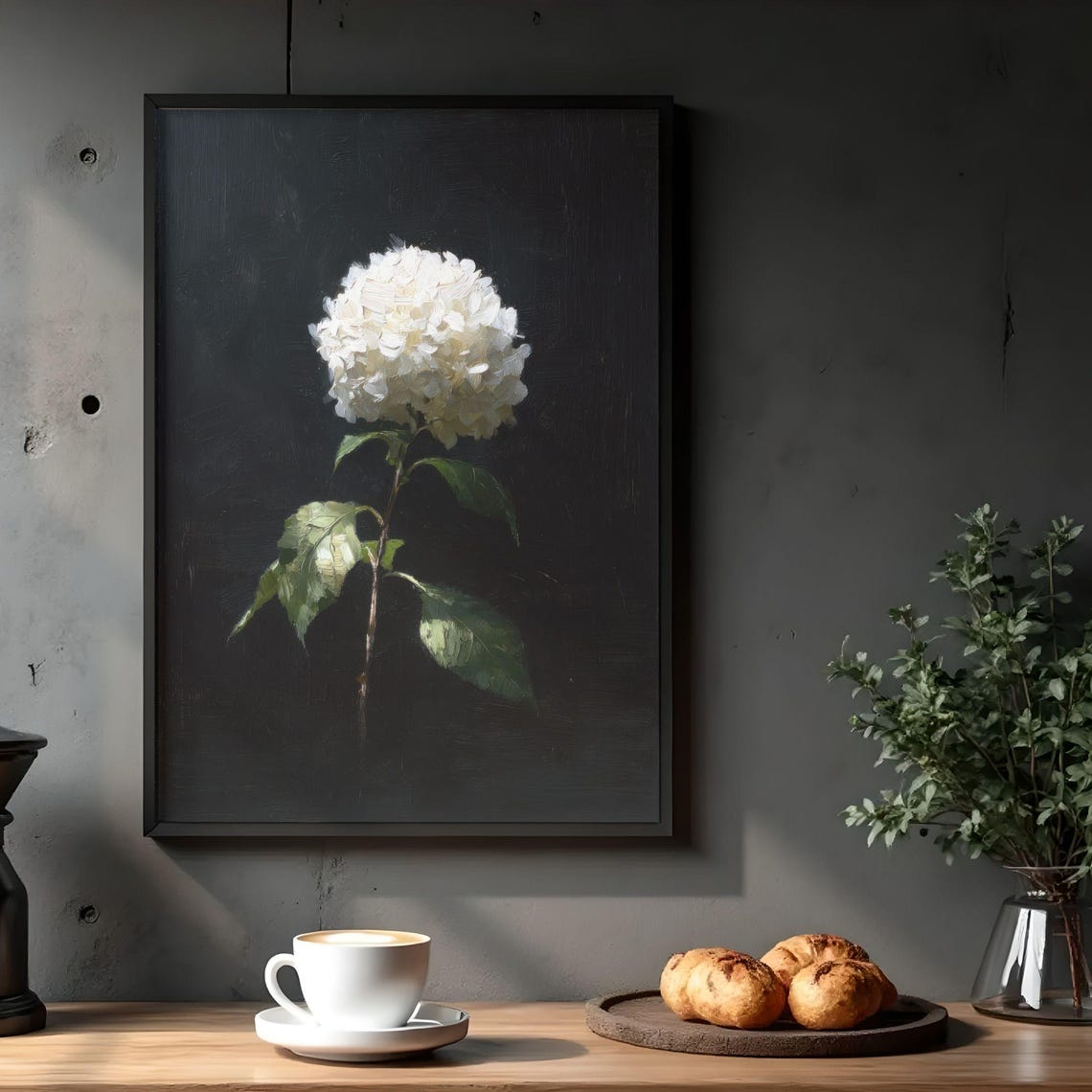 Single White Hydrangea Bloom on a Moody Dark Background Poster