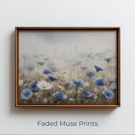 Blue Poppy Wildflower Field Soft Watercolor Vintage Floral Poster