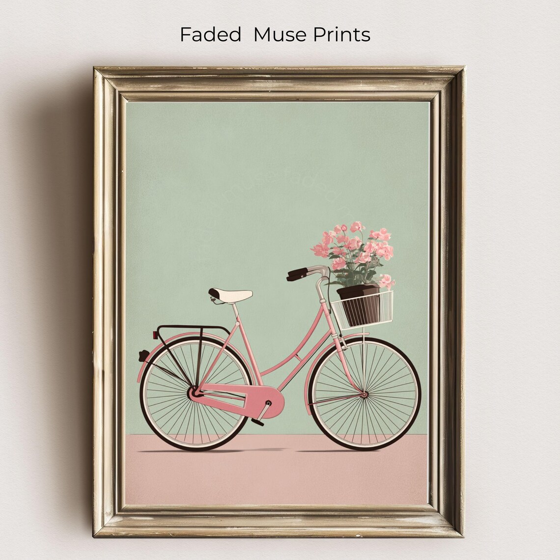 Pink Bicycle Print Vintage Retro Floral Wall Art Digital Download
