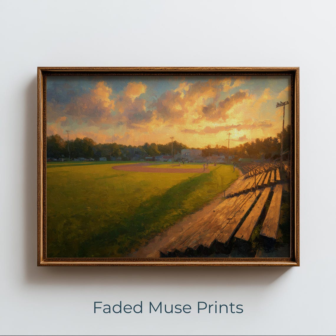 Vintage Baseball Field at Golden Hour Oil Painting Rustic Sunset Poster