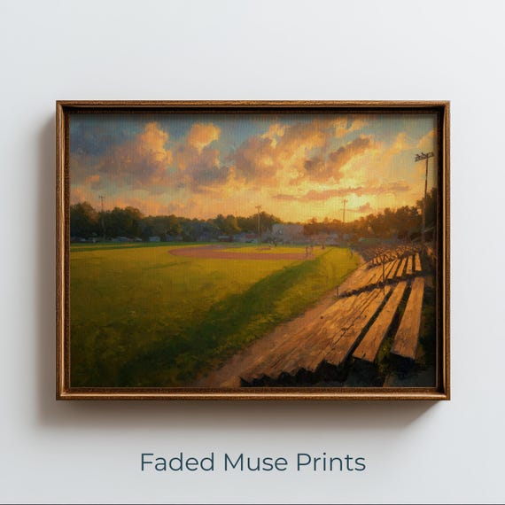 Vintage Baseball Field At Golden Hour Painting Rustic Sunlit Wall Art Digital Download 1249